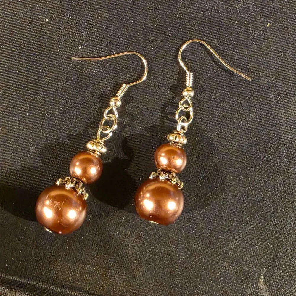 Handcrafted Bronzed Brown Antiqued Silver Glass Pearl Drop Earrings